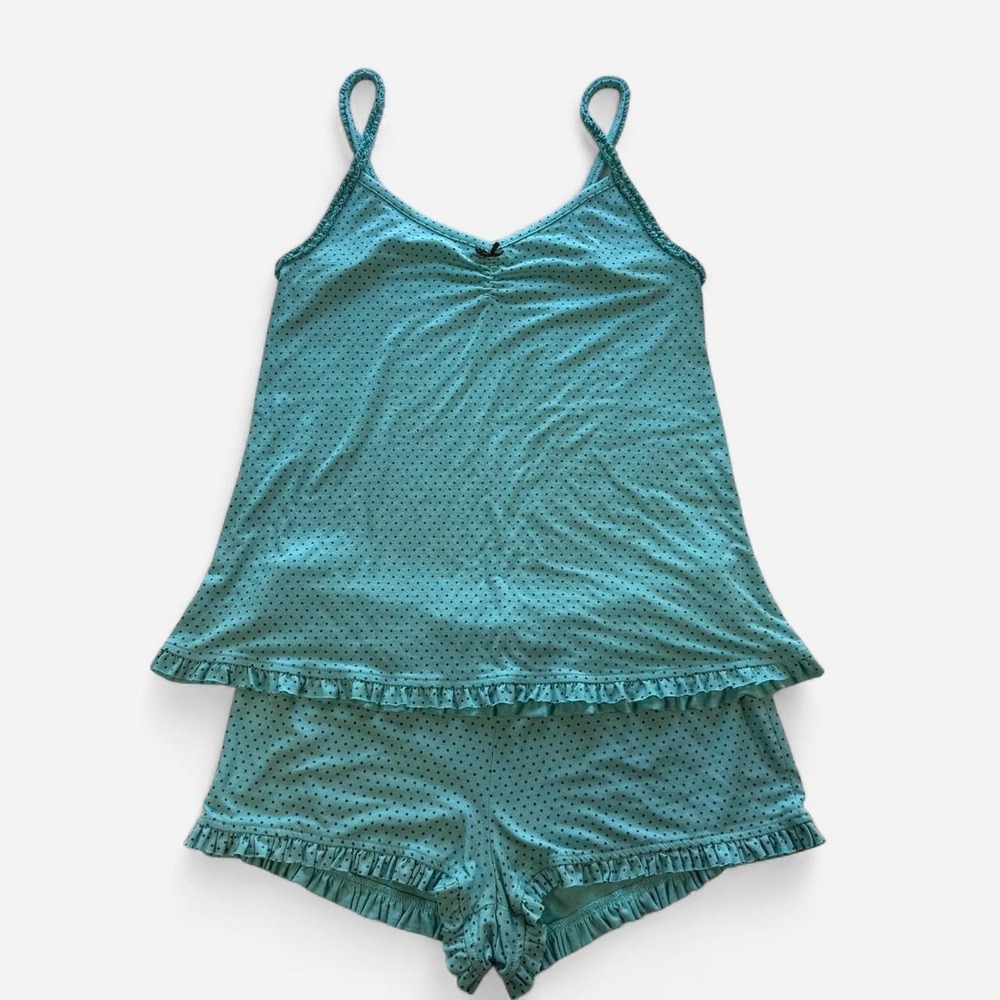 Xhilaration Polka Dot Ruffle Pajama Set Aqua Blue Camisole & Shorts S/M